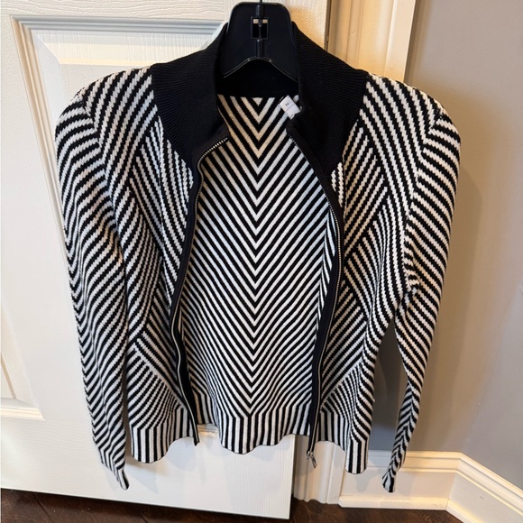 Karen Mullen Black and White Striped Zip-Up Sweater - Picture 1 of 6